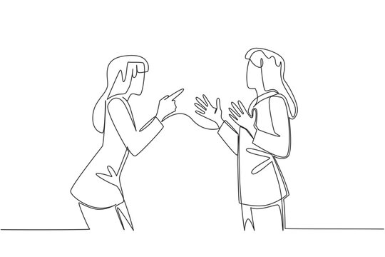 Single line drawing of two businesswomen in an argument, pointing with hands raised, symbolizing conflict and mutual blame. Concept related to an international event National Blame Someone Else Day.