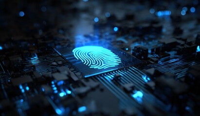 Glowing blue fingerprint on dark electronic circuit board background