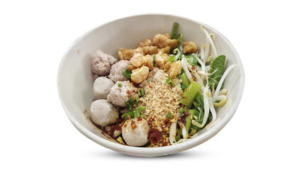 Thai dry spicy noodle salad with meatballs