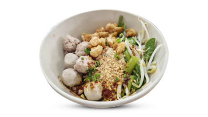 Thai dry spicy noodle salad with meatballs