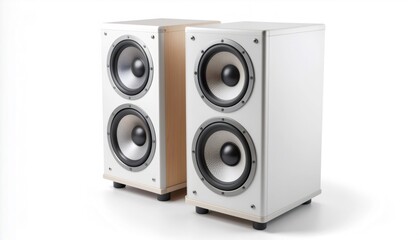 Obraz premium Premium white bookshelf speakers with dual woofers and aluminum tweeters showcased against clean studio backdrop