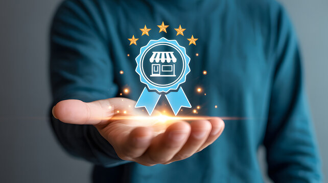Celebrate exceptional service and quality with this prestigious five-star award badge presented in an open palm, signifying recognition and excellence.