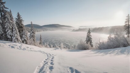 Winter wonderland - Snowy landscape with footprints and sunlit trees.