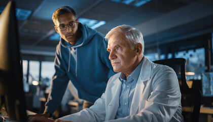 Collaboration and Expertise: Two focused professionals, a young learner and an expert, intently analyze data on a computer screen in a modern workspace.