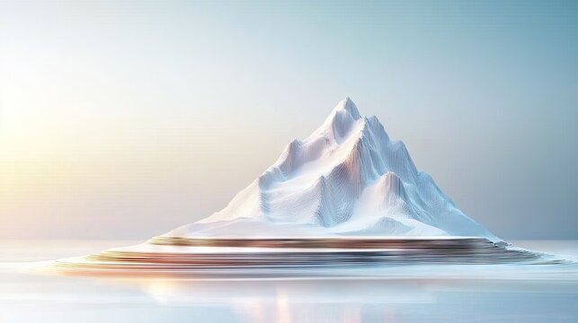 An abstract, stylized snow-capped mountain peak rises from a circular, layered platform with a golden ring. The scene is illuminated by soft, warm sunrise light - Powered by Adobe