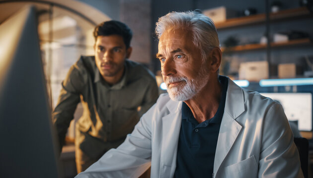 Research and Development Discussion: In a modern lab setting, two scientists analyze data on a computer screen. This image reflects collaboration, innovation, and scientific discovery.