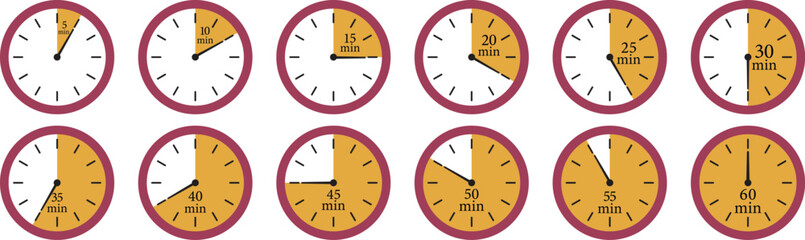 Minute Timer Icon set. Countdown timer symbol. Stopwatch icons with different time. Stopwatch intervals signs. representing stopwatch, time tracking, scheduling, deadline, and duration measurement.