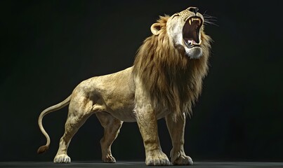 Fototapeta premium Majestic male lion roaring with full mane and open jaws against black background in dramatic lighting