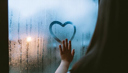 Child's Hand Reaching Toward Heart Shape Drawn on Rain-Streaked Window During Golden Hour