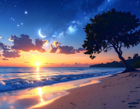 A serene tropical beach at sunset transitioning to a starry night with a crescent moon and a lone tree