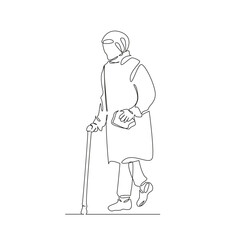 One continuous single drawing line art flat doodle grandmother, cane, walking, elderly, pensioner, old, woman. Isolated image hand draw contour on a white background, hand drawn, not AI