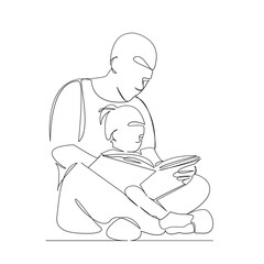 One continuous single drawing line art flat doodle father, book, daughter, reading, home, man, girl. Isolated image hand draw contour on a white background, hand drawn, not AI