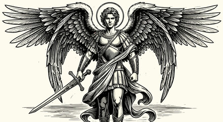 Classic vintage engraving of a powerful archangel warrior with large feathered wings and a holy sword, depicted in detailed armor © Jonathan