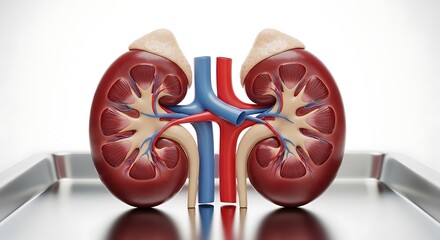 Detailed Anatomical Rendering of Human Kidneys on a Tray.