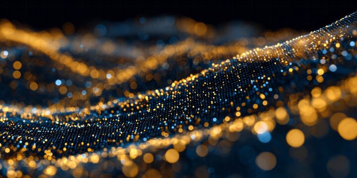 Illuminating abstract digital surface composed of glittering golden and blue particles flows across a dark background.