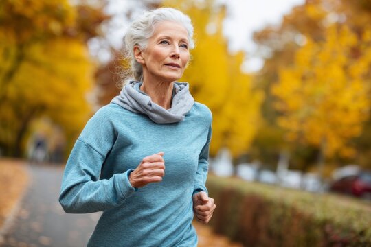 Elderly woman jogging in an autumn park with vibrant yellow leaves along the pathway during a cool morning