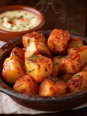 Delicious tapas style fried potatoes with garlic and paprika, served hot in a rustic bowl alongside creamy sauce