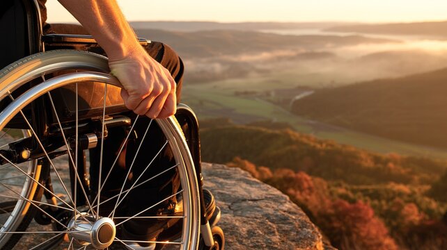 Close-up of hand on wheelchair overlooking scenic valley and autumn landscape - Powered by Adobe