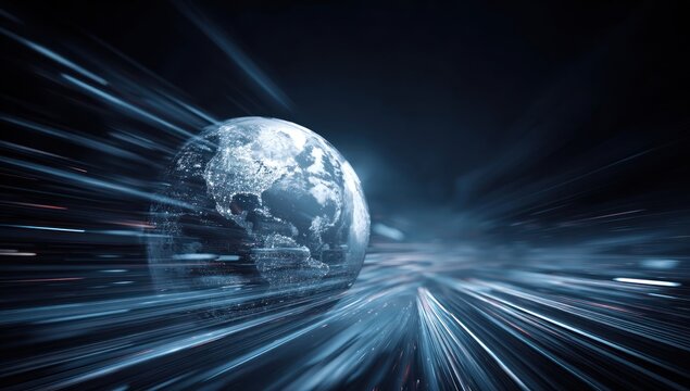 Earth globe speeding through dark abstract light trails motion blur
