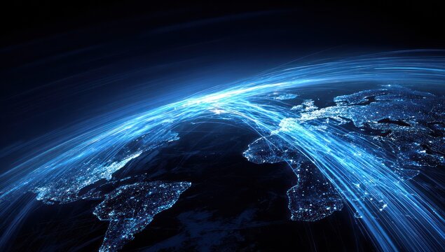 Earth night view with bright blue global data flow lines