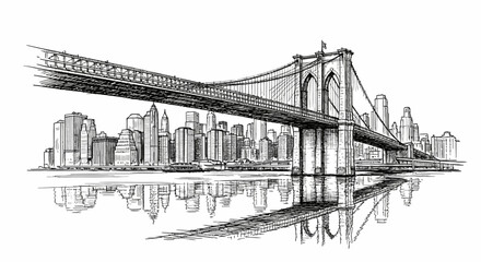 Hand-drawn black and white sketch of an iconic American bridge with the city skyline of New York reflected in the water