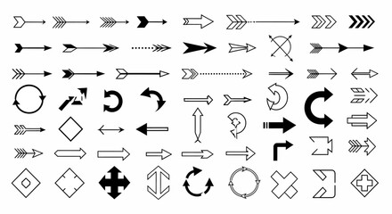 Collection of black arrow icons and symbols for direction and navigation. A versatile set of vector graphic design elements