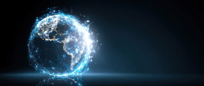 Glowing digital earth sphere with network connections against dark background