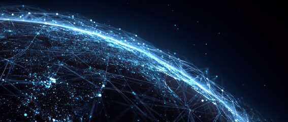 Glowing digital earth surface with interconnected data lines in darkness