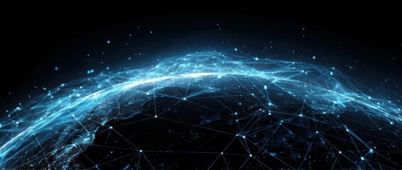 Glowing blue network lines overlay a dark digital representation of earth.
