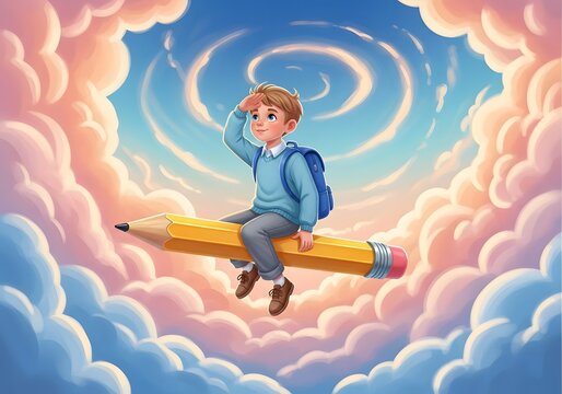 Young boy riding a giant pencil through a dreamy sky
