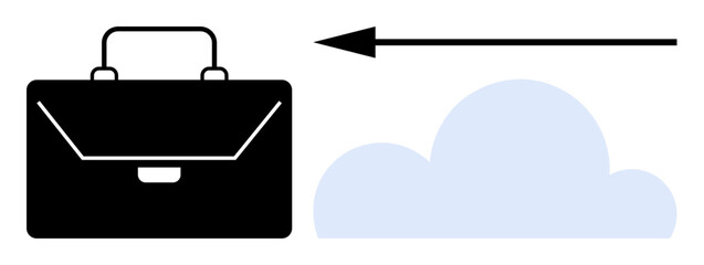 Business cloud migration. A briefcase, arrow, and cloud moving professional resources to cloud systems. Business cloud computing for storage, solutions, and collaboration. Technology, innovation