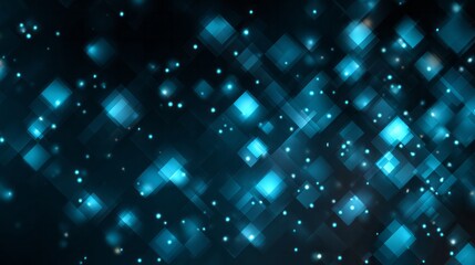 Abstract background featuring glowing cyan squares and sparkling particles against a dark backdrop