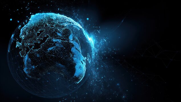 Digital glowing blue earth globe with network connections in dark space