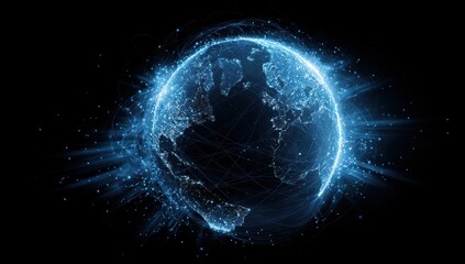 Glowing digital earth with global data connections against black background