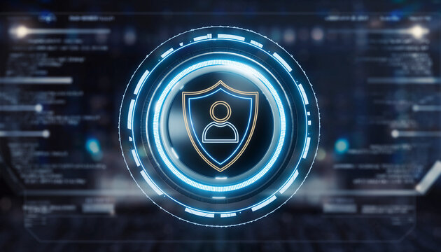 Digital Shield: A visual representation of digital security, featuring a glowing shield with a human silhouette at its core, set against a backdrop of data streams.