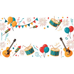 Colorful festive banner with balloons, guitars, and drums  