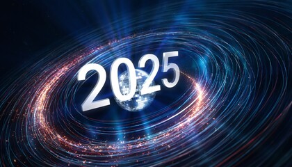 Spinning disco ball creates mesmerizing light trails around bold 2025 numbers in dynamic time lapse motion blur