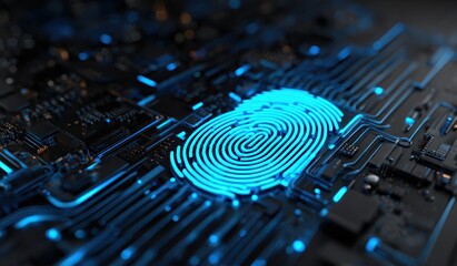 Glowing blue fingerprint on dark digital circuit board background
