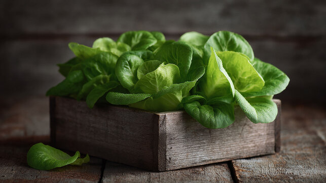 Fresh, vibrant lettuce in a rustic wooden box. Symbolizes health, growth, and natural living. Ideal for food blogs, wellness campaigns, and agricultural themes.