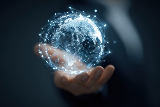 Hand holding glowing digital representation of the earth network