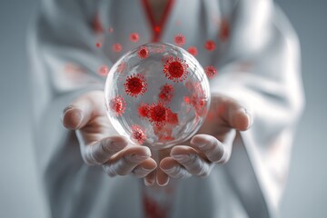 Hands holding glass sphere containing red virus particles