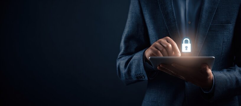 Businessman touches glowing digital padlock icon on tablet screen. - Powered by Adobe