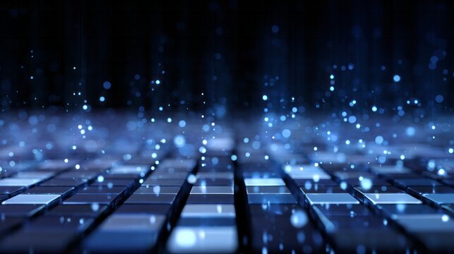 Illuminated digital matrix surfaces with rising particles against a dark background