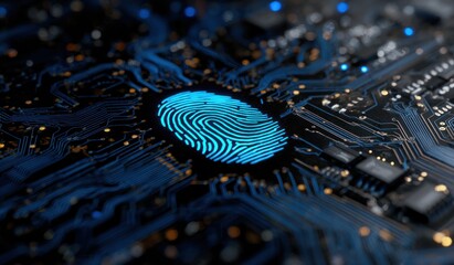 Glowing blue fingerprint on dark electronic circuit board background