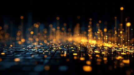 Glowing digital data streams ascend from a textured surface in a dark environment