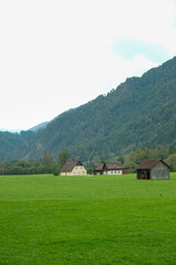 Obraz premium Idyllic Alpine Farmhouse and Barn in a Lush Green Meadow