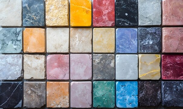 Grid of colorful stone tiles with varied textures and finishes for architectural and interior design reference