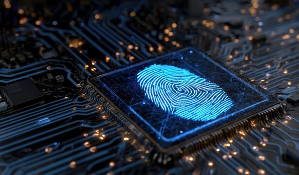 Glowing blue fingerprint on dark electronic circuit board macro. - Powered by Adobe