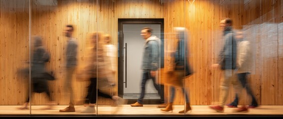 Blurred people walking past a warm wood paneled interior wall.