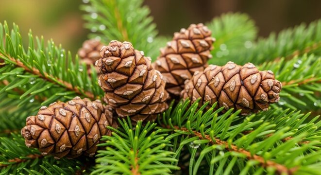 Close-up of fresh brown pine cones nestled among bright green needles with dew drops. - Powered by Adobe